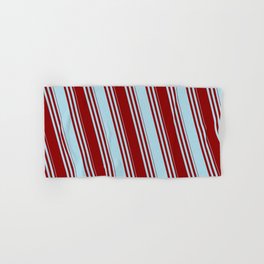 [ Thumbnail: Dark Red & Light Blue Colored Striped Pattern Hand & Bath Towel ]