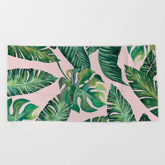 Jungle Leaves, Banana, Monstera Pink #society6 Beach Towel