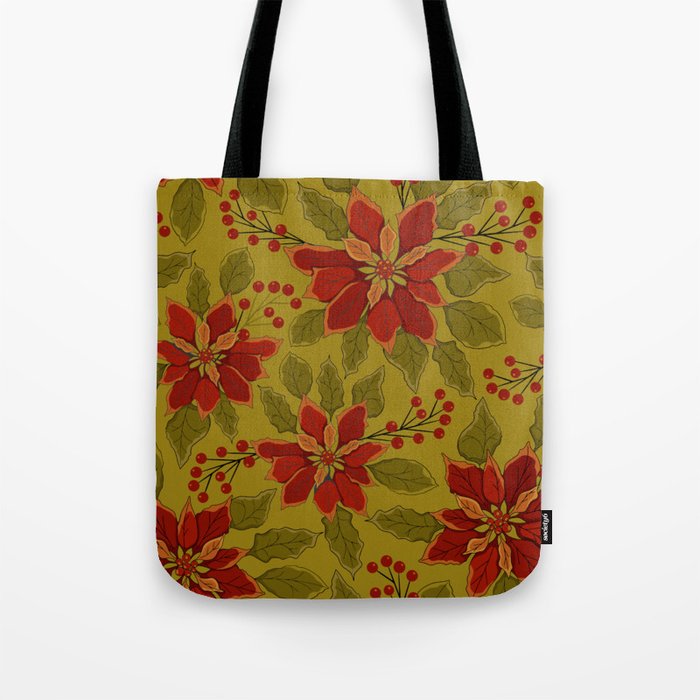 Festive Poinsettia Pattern in Ruby Red, Olive Green & Gold on Light Olive Background Tote Bag