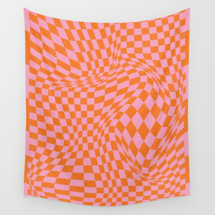 Chequerboard Pattern - Orange Wall Tapestry