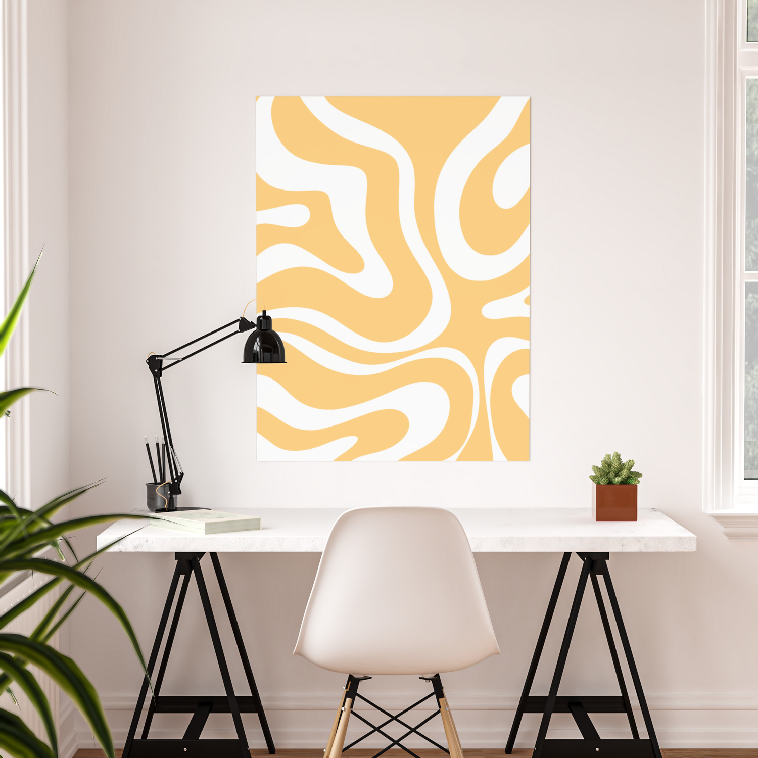 Modern Retro Liquid Swirl Abstract Pattern in Soft Mustard Yellow and White  Poster