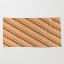 [ Thumbnail: Light Salmon, Grey & Green Colored Lined/Striped Pattern Beach Towel ]