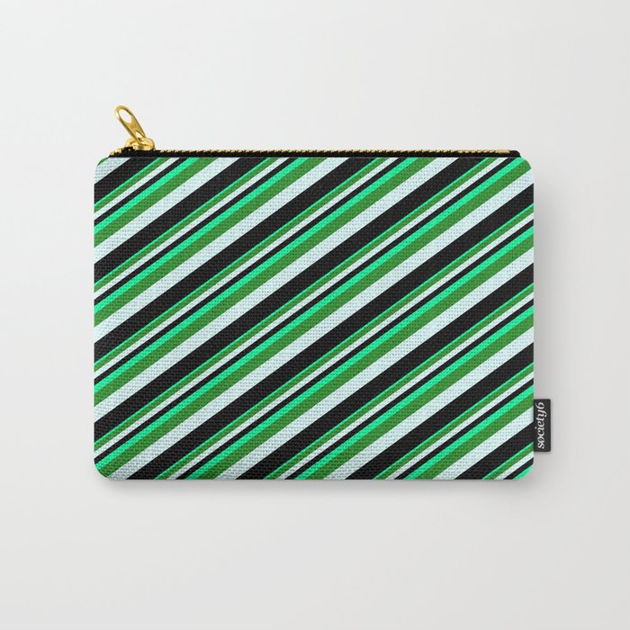 Green, Forest Green, Light Cyan & Black Colored Lines/Stripes Pattern Carry-All Pouch