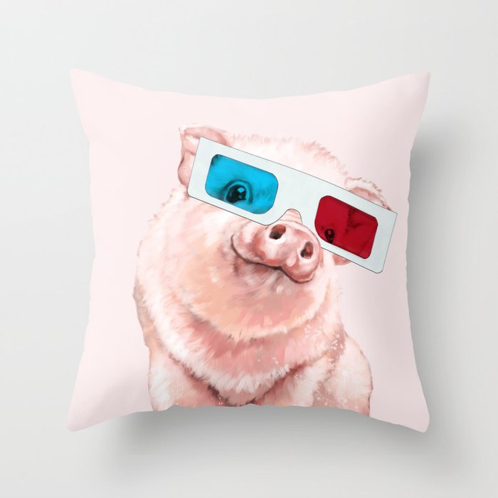 Baby Pink Pig Wear Glasses Pink Throw Pillow