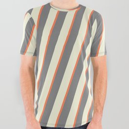 [ Thumbnail: Beige, Coral & Grey Colored Lined Pattern All Over Graphic Tee ]