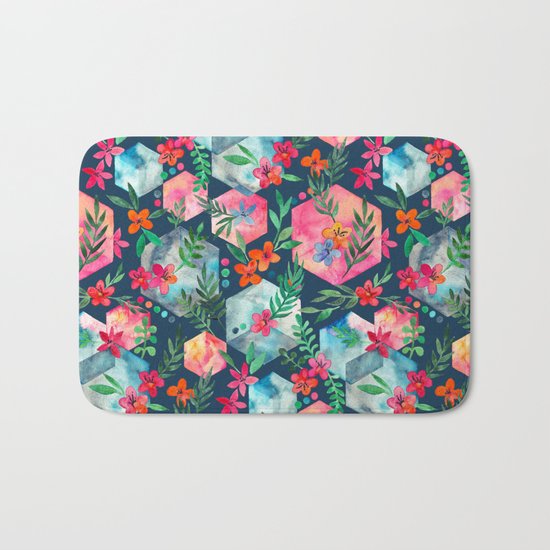 Whimsical Hexagon Garden on Blue Bath Mat