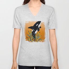 Cute Orca Whale Orange Doodle Splash V Neck T Shirt