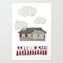 RED Art Print | Painting, Graphicdesign, Happy, Scenery, Present, Traditional, Korean, House, Folk, Fun 