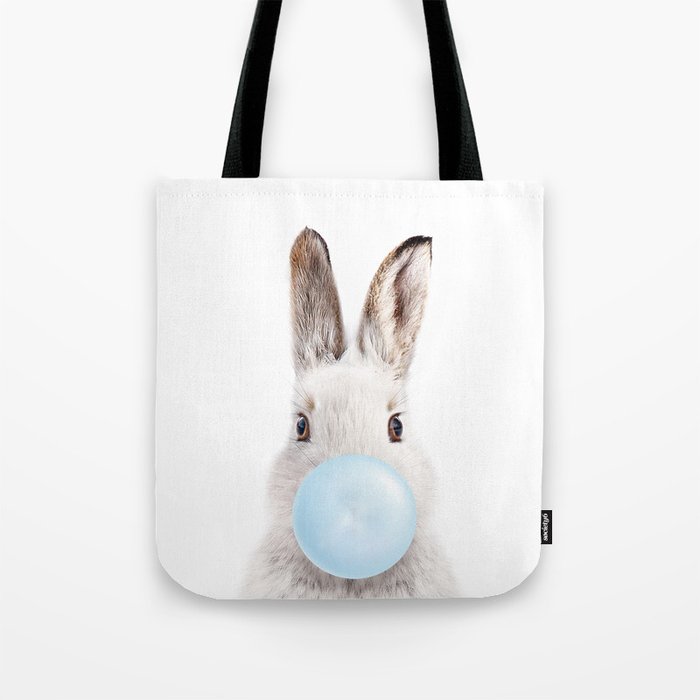 Baby Rabbit Blowing Blue Bubble Gum, Baby Boy, Kids, Nursery, Baby Animals Art Print by Synplus Tote Bag