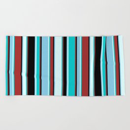 [ Thumbnail: Brown, Dark Turquoise, Light Cyan, Sky Blue, and Black Colored Lines/Stripes Pattern Beach Towel ]