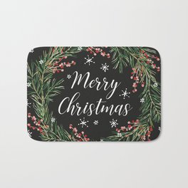 Merry Christmas wreath with berries and snow on the black Bath Mat