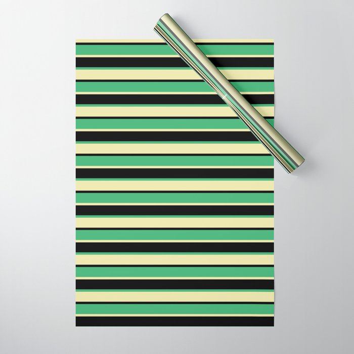 Sea Green, Pale Goldenrod & Black Colored Lines Pattern Wrapping Paper
