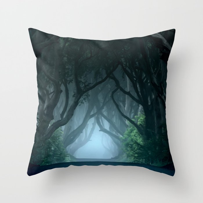 Cold foggy morning in Dark Hedges Throw Pillow