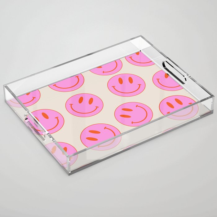 Keep Smiling! - Large Pink and Beige Smiley Face Pattern Acrylic Tray