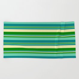 [ Thumbnail: Aquamarine, Teal, Pale Goldenrod, and Green Colored Striped Pattern Beach Towel ]