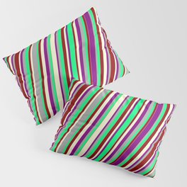 [ Thumbnail: Colorful Dark Gray, Green, Dark Red, Light Yellow, and Purple Colored Lined/Striped Pattern Pillow Sham ]