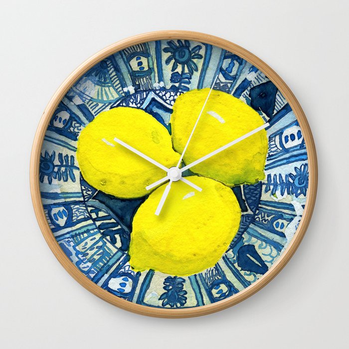 Lemons in Blue and White Porcelain Wall Clock