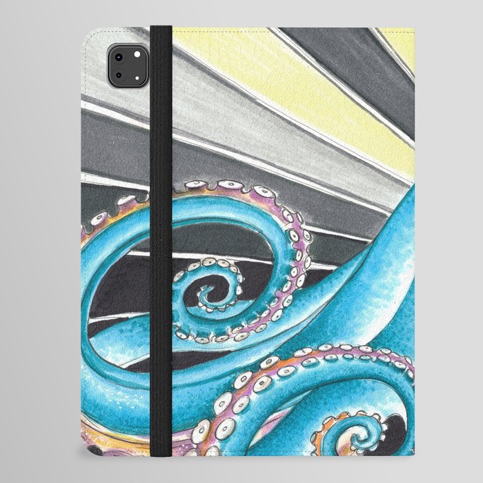 Blue Octopus Tentacles Kraken Retro Stripes Ink Art iPad Folio Case