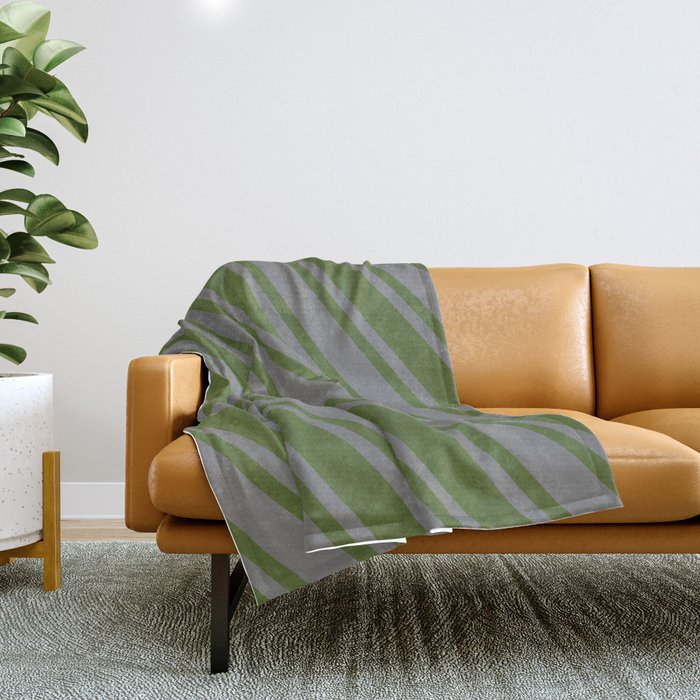 Grey and Dark Olive Green Colored Pattern of Stripes Throw Blanket