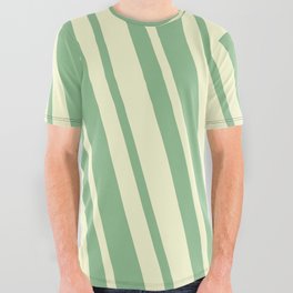 [ Thumbnail: Dark Sea Green and Light Yellow Colored Striped/Lined Pattern All Over Graphic Tee ]