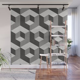 Geometric Cube Pattern 2 - Black, White, Grey Wall Mural