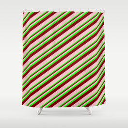 [ Thumbnail: Lime, Maroon, and Pink Colored Stripes/Lines Pattern Shower Curtain ]