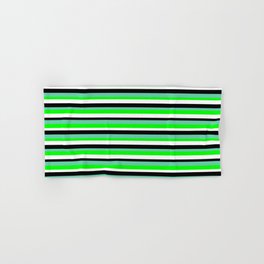 [ Thumbnail: Aquamarine, Lime, White, and Black Colored Lined/Striped Pattern Hand & Bath Towel ]