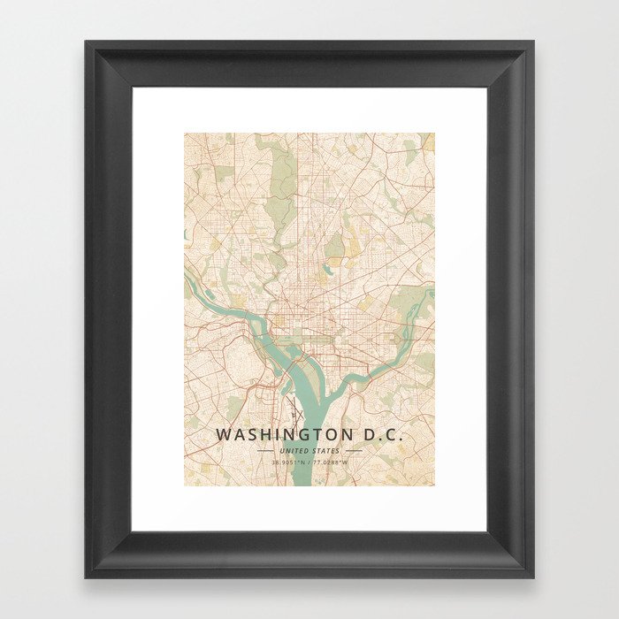 Washington D.C., United States - Vintage Map Framed Art Print