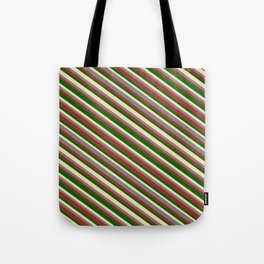 [ Thumbnail: Tan, Gray, Brown & Dark Green Colored Lines/Stripes Pattern Tote Bag ]