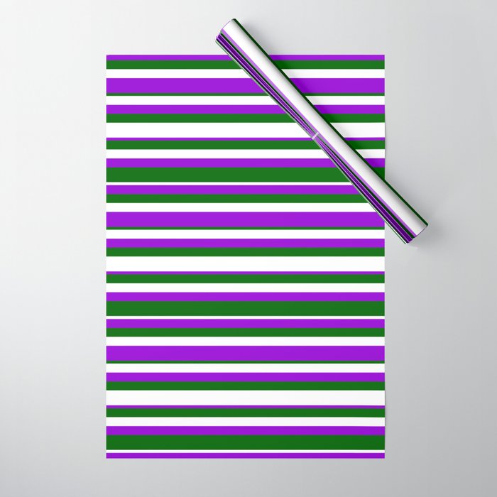 Dark Green, White & Dark Violet Colored Lined Pattern Wrapping Paper