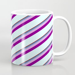 [ Thumbnail: Dark Red, Blue, Plum, Purple & Light Cyan Colored Stripes/Lines Pattern Coffee Mug ]