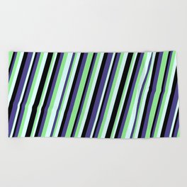 [ Thumbnail: Dark Slate Blue, Light Green, Light Cyan & Black Colored Lines/Stripes Pattern Beach Towel ]