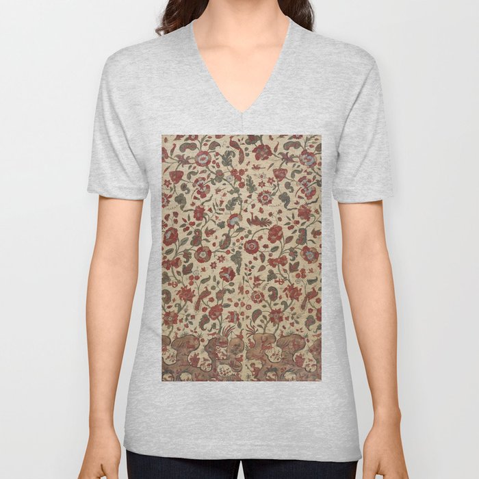 Antique Floral and Birds Chintz Design V Neck T Shirt