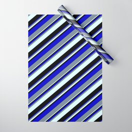 [ Thumbnail: Blue, Light Slate Gray, Light Cyan, and Black Colored Lined/Striped Pattern Wrapping Paper ]