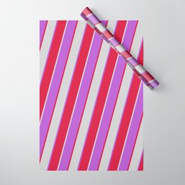[ Thumbnail: Orchid, Crimson, and Light Grey Colored Stripes/Lines Pattern Wrapping Paper ]