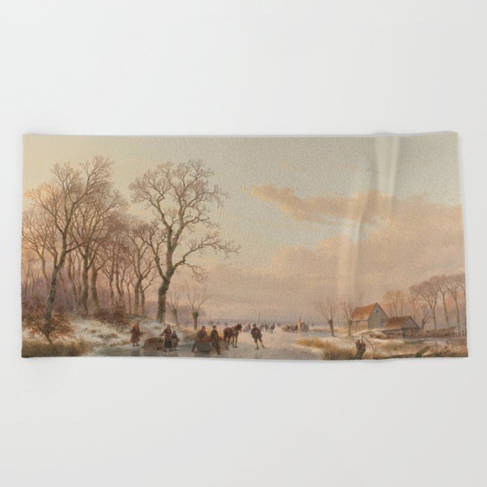 A Frozen Canal near the River Maas, Andreas Schelfhout, 1867 Beach Towel
