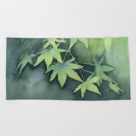 Japanese Maple Watercolor Green Leaves Tree Branch Nature Beach Towel