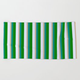 [ Thumbnail: Vibrant Tan, Dark Cyan, Green, Lavender & Black Colored Striped/Lined Pattern Beach Towel ]