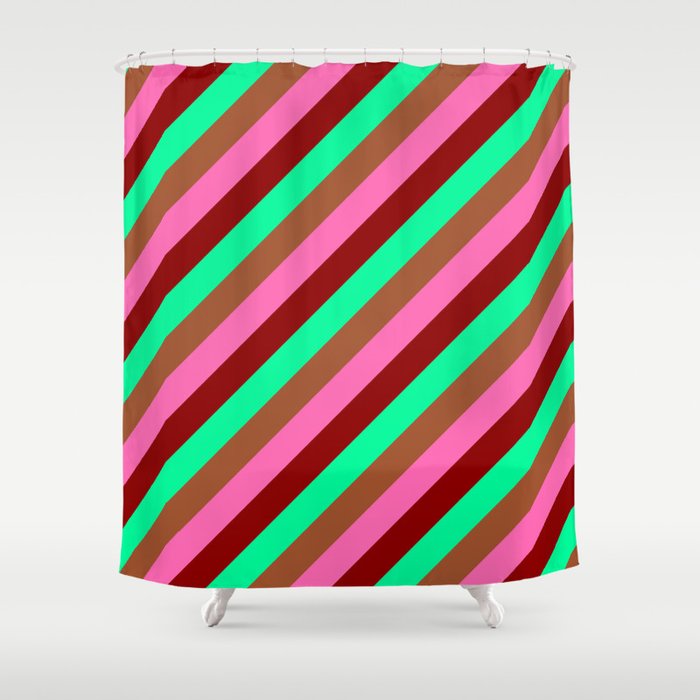 Green, Sienna, Hot Pink, and Dark Red Colored Lined/Striped Pattern Shower Curtain