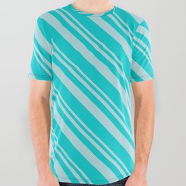 [ Thumbnail: Powder Blue & Dark Turquoise Colored Lines/Stripes Pattern All Over Graphic Tee ]