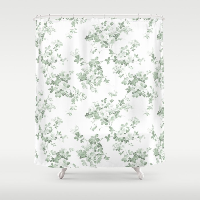 Elegant Vintage Green White Roses Shabby Floral Shower Curtain By