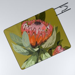 Protea, Australian native, flower, abstract, olive green, bright colors Picnic Blanket
