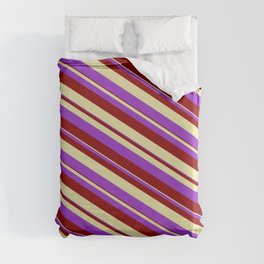 [ Thumbnail: Dark Orchid, Dark Red, and Pale Goldenrod Colored Striped/Lined Pattern Duvet Cover ]