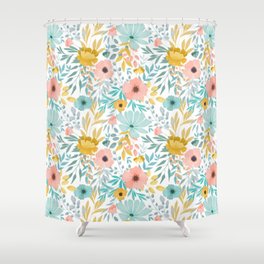 Pink Aqua Yellow Floral  Shower Curtain