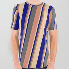 [ Thumbnail: Dim Gray, Dark Salmon, Tan & Blue Colored Lined/Striped Pattern All Over Graphic Tee ]