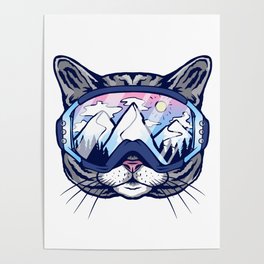 Cat Ski Glasses with Mountain Scene Reflected Poster