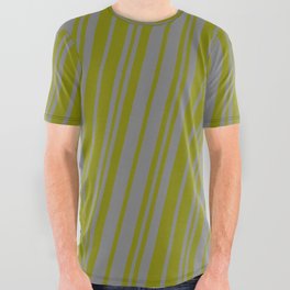 [ Thumbnail: Grey & Green Colored Stripes Pattern All Over Graphic Tee ]