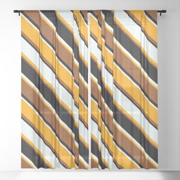 [ Thumbnail: Mint Cream, Orange, Brown & Black Colored Lines/Stripes Pattern Sheer Curtain ]