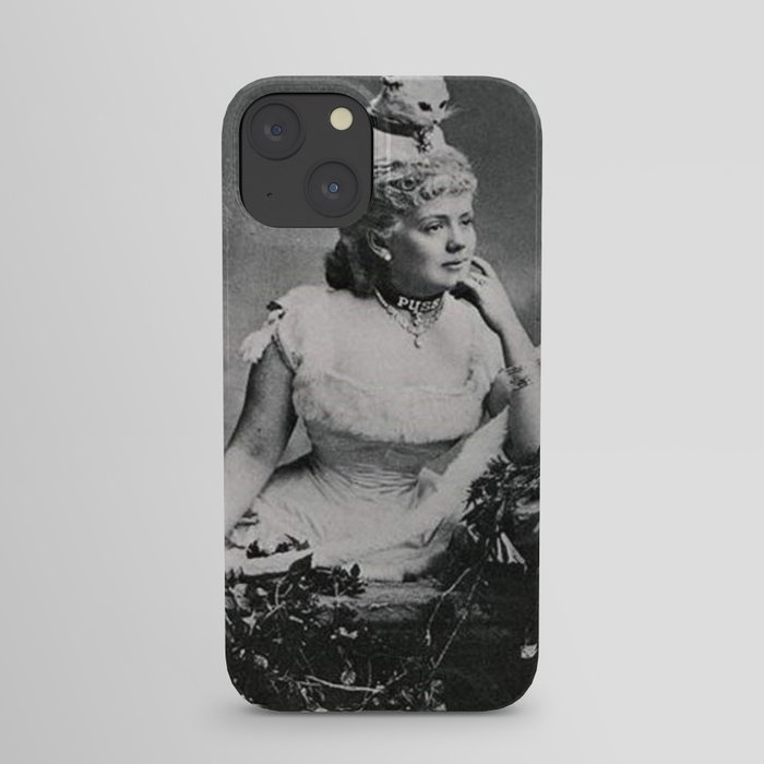 'Puss - The Woman with a Cat on her Head!' black and white humorous photograph iPhone Case
