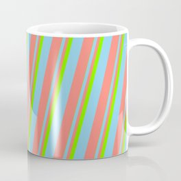 [ Thumbnail: Green, Sky Blue & Salmon Colored Pattern of Stripes Coffee Mug ]
